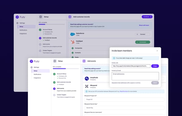 Fuzy.AI Setup: add customer records, add events, invite team members dialog